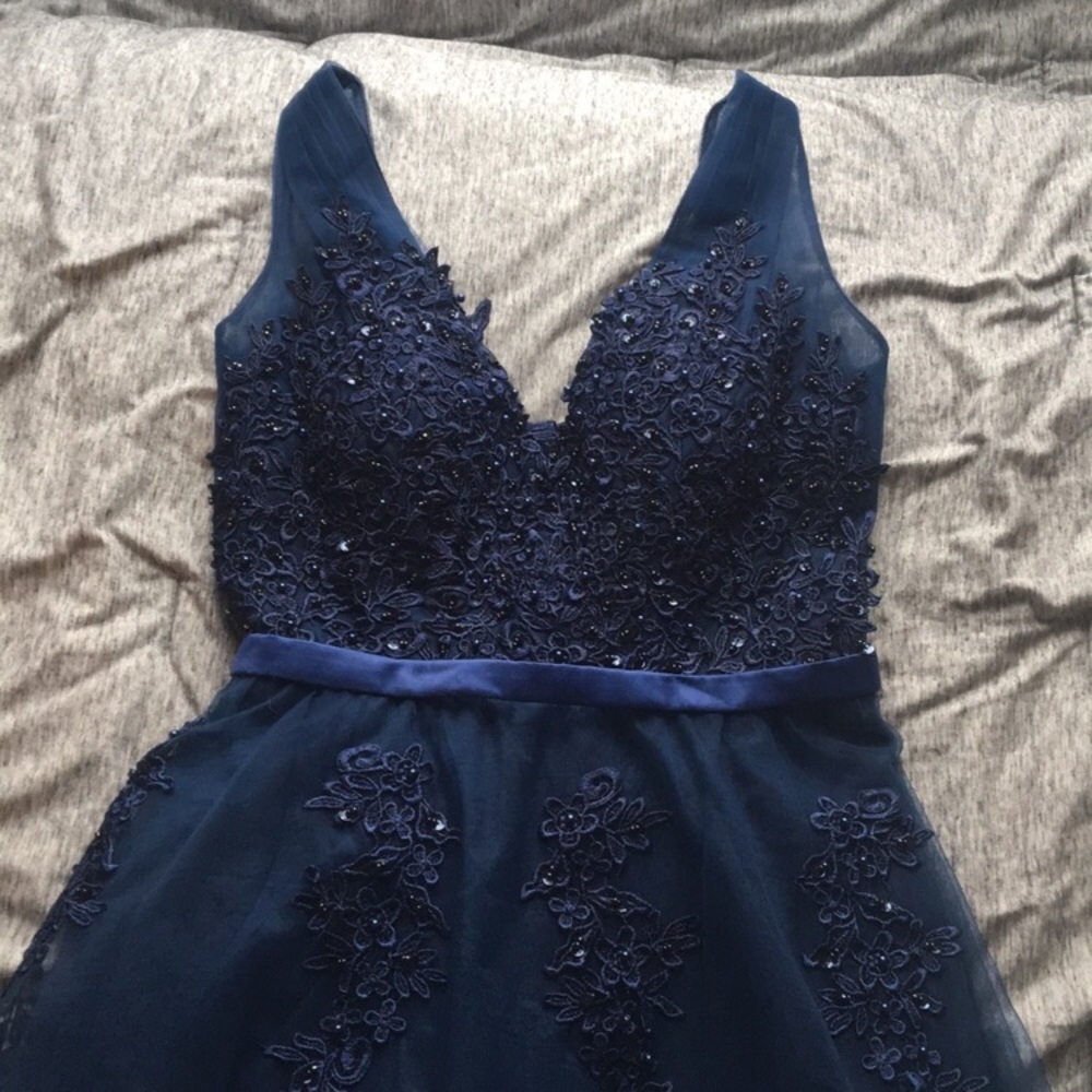 Navy Beaded Tulle Prom Dress